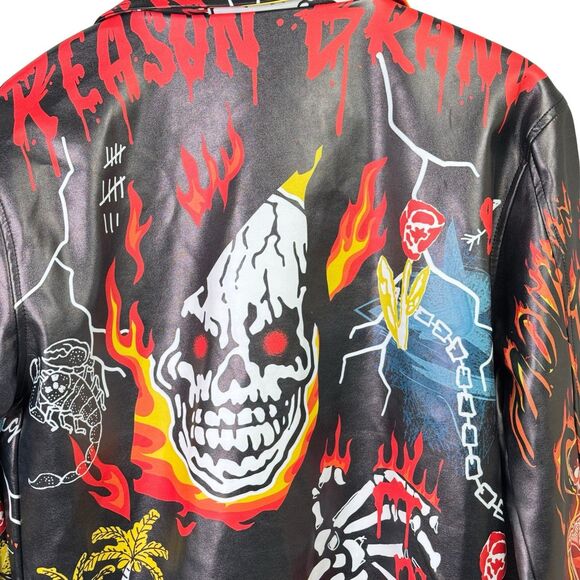 Reason Graffiti Print Moto Jacket Men’s Small Vegan Leather Streetwear Statement - Picture 7 of 14